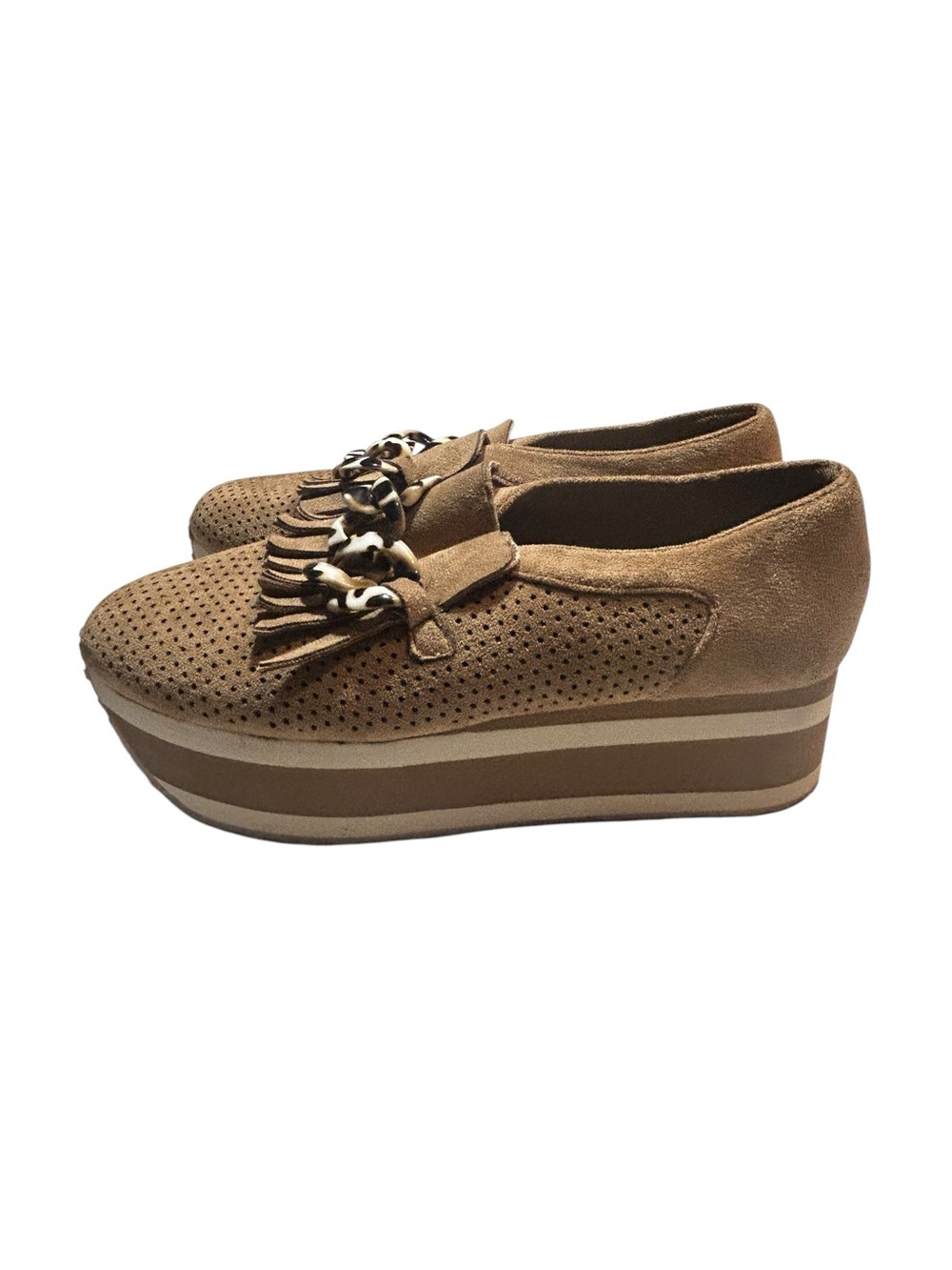 Pierre Dumas Baloma-2 Platform Loafers Brown Suede Fringe Chain Accent Women’s